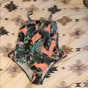 High Neck Palm Leaf Pink Swimsuit